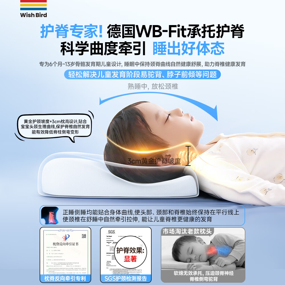 愿望良品【德国婴儿深睡枕】儿童枕头宝宝透气硅胶枕6个月以上四季专用枕 【安睡蓝】亲肤透气*深睡护脊*抑菌 纯色 【59*34*5cm】建议3-18岁 | 身高65-100