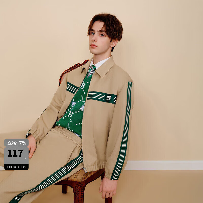 太平鸟男装 秋季条纹夹克男士休闲外套潮 卡其 L