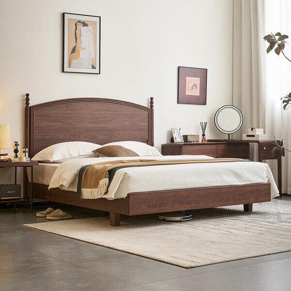 堂香锦府胡桃木床主卧室宋式美学双人储物床1.8米现代简约中古风1.5米婚床 【满铺橡胶木床板】梵镜胡桃木单床+床头柜2个 1800mm*2000mm 框架结构