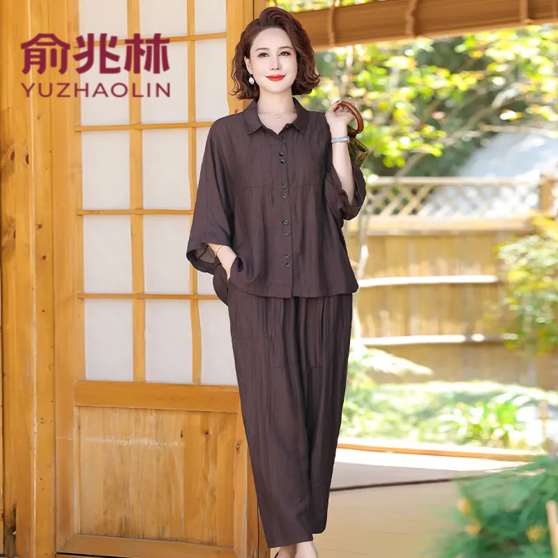 俞兆林(YUZHAOLIN)母亲节妈妈装套装中老年女装夏季薄款大码老年人衣服显瘦两件套 咖啡色 3XL (尺码偏大155-185斤)