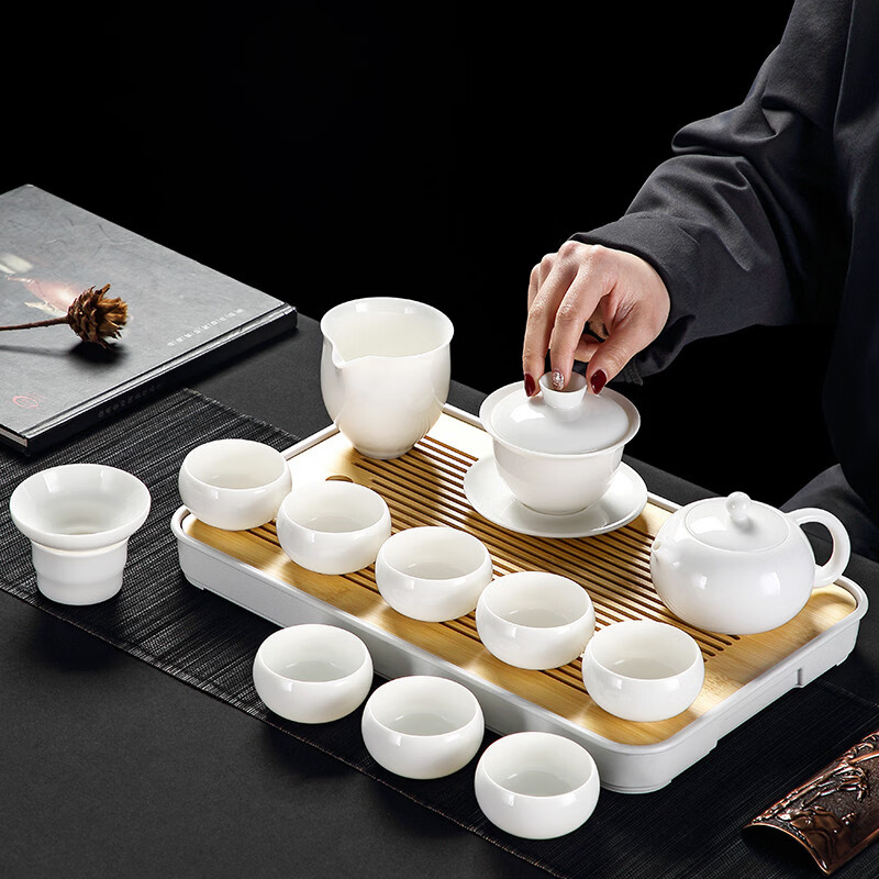 溥畔羊脂玉白瓷功夫茶具套装2026新款白玉盖碗茶杯泡茶具 香雪侧把壶15头+品圣268
