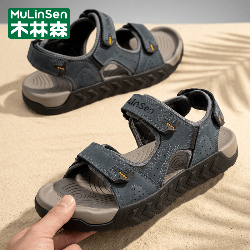 木林森（MULINSEN）凉鞋男2026夏季新款牛皮运动凉拖鞋软底休闲沙滩鞋 蓝色 44
