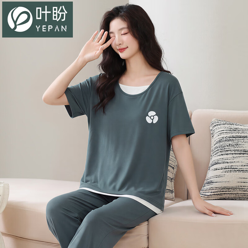 叶盼（yepan）【柔软】莱卡纯棉睡衣女夏季短袖长裤夏天薄款休闲女款家居服套装 1401-炭青 M (160) ：建议80-100斤穿着