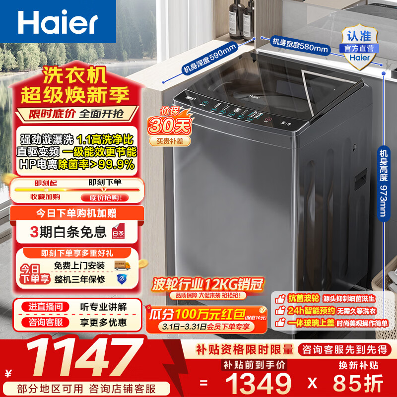 海尔（Haier）波轮洗衣机全自动家用 12公斤大容量 直驱变频 懒人漩瀑洗 一级能效以旧换新家电换新补贴B35Mate3 12KG波轮销冠丨电离除菌丨智能预约