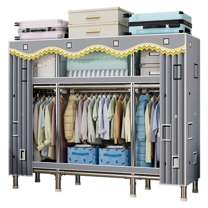 咏幻简易衣柜家用卧室结实耐用全钢架加粗加厚钢管组装布衣柜出租房用 240cm粉色小熊[合金接头 26MM加粗钢管] 2门组装