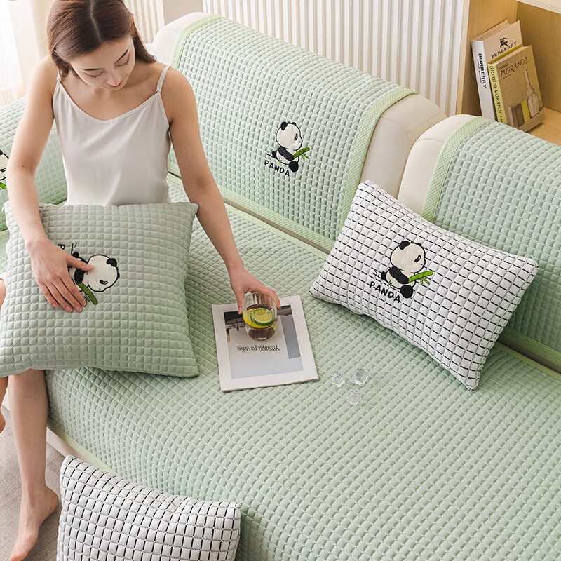 ALPLUME夏季冰丝沙发垫2026新款凉豆豆凉感凉席坐垫高级感防滑沙发盖布巾 方格小熊猫-紫色 专业定制丨咨询客服