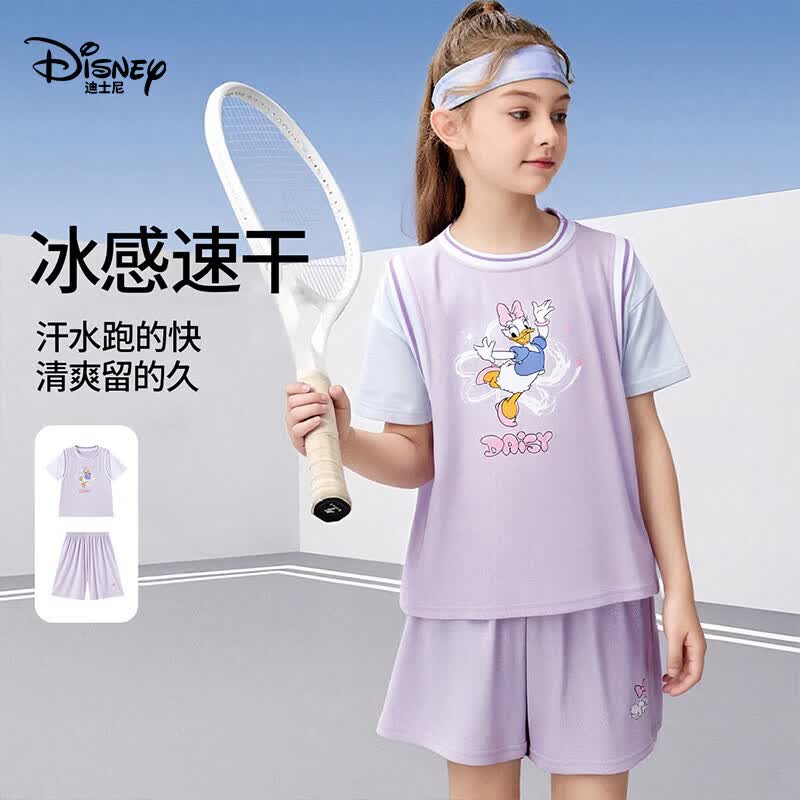 迪士尼（Disney）卡通动漫女童套装休闲风透气2026夏装童装时尚运动T恤短袖上衣潮 紫色 150