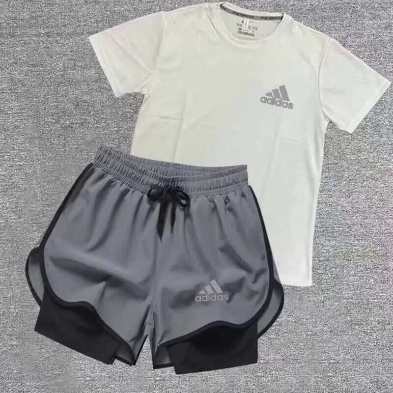 ADIPRENE阿迪达斯夏季速干体育套装田径健身男女运动训练短裤三分跑步马拉 阿迪达斯反光AD【白色速干短袖+灰色双层短裤】 阿迪达斯L码100-120斤