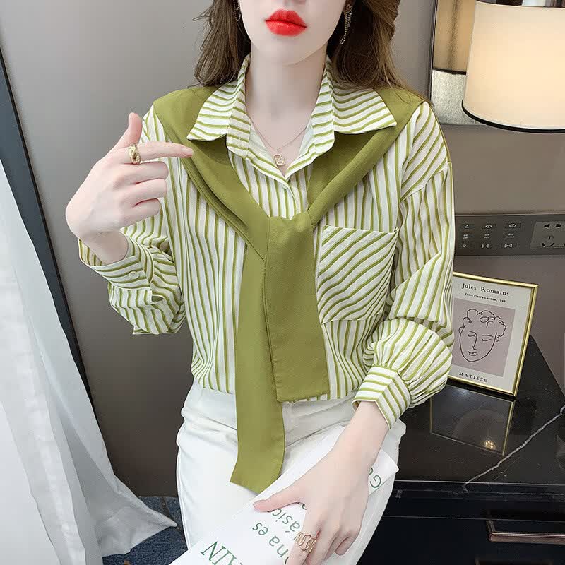 韩版假两件披肩衬衫女春气质宽松显瘦衬衣设计感条纹长袖上衣 绿色 L 建议【105-115斤】