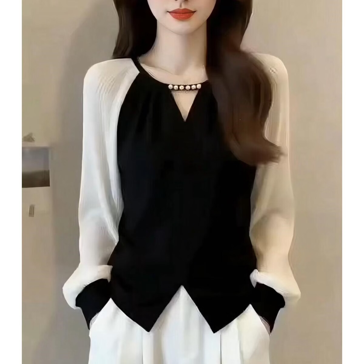【轻奢品质】2026春秋季法式小香风正肩衬衫长袖打底衫上衣气质女 黑白拼色 2XL (建议110-125斤)