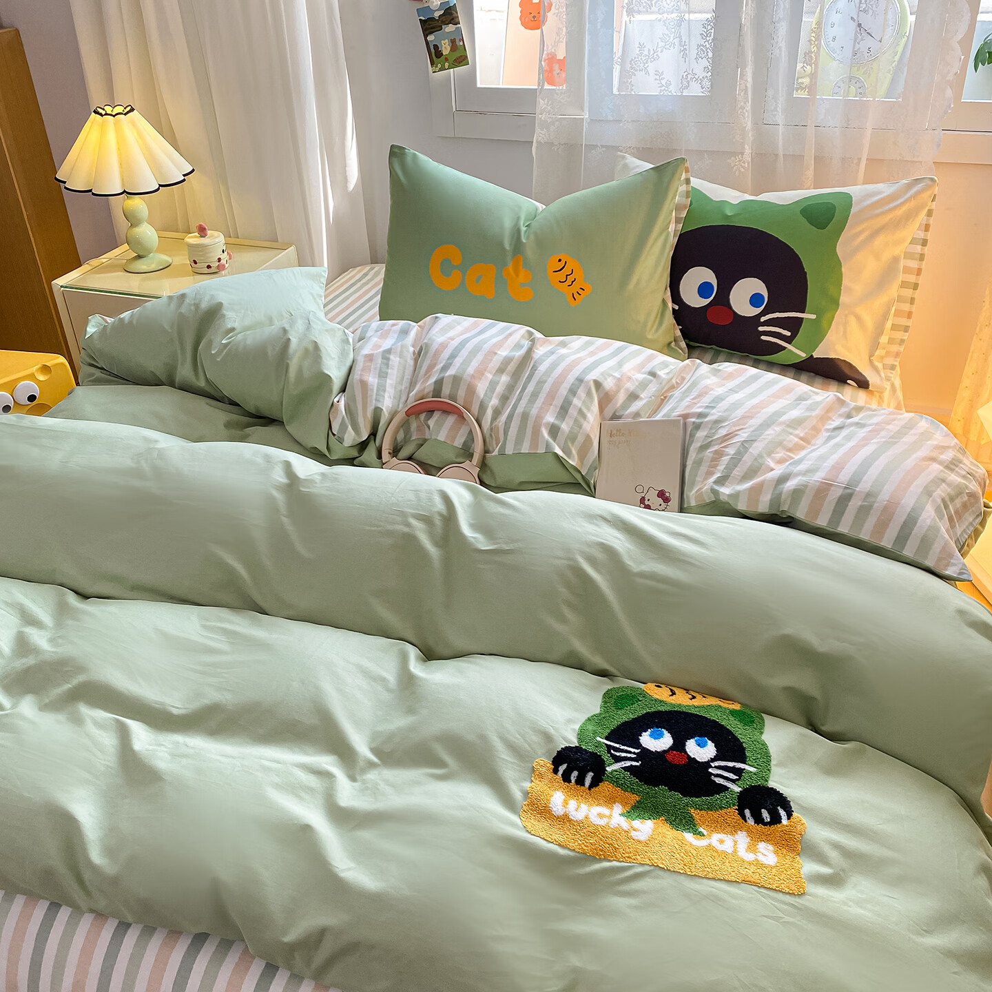 无印良品卡通全棉纯棉四件套床上用品家用亲肤裸睡床单被罩三件套四季通用 可爱小猫【甄选优质全棉 精美毛巾绣 】 1.8m 床单款 四件套-被套200*230cm