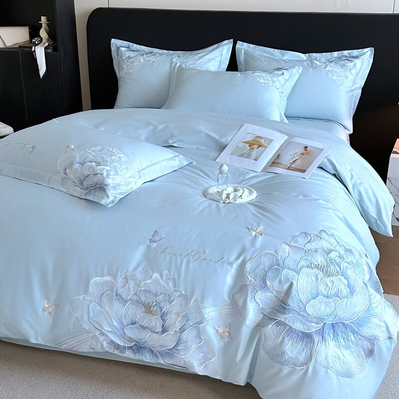 恒源祥床上四件套 里外全棉40支高密四件套亲肤舒适轻奢刺绣双人套件 奥莉妃-浅云蓝【全棉刺绣】 1.5米床 床单款 （被套200*230cm）