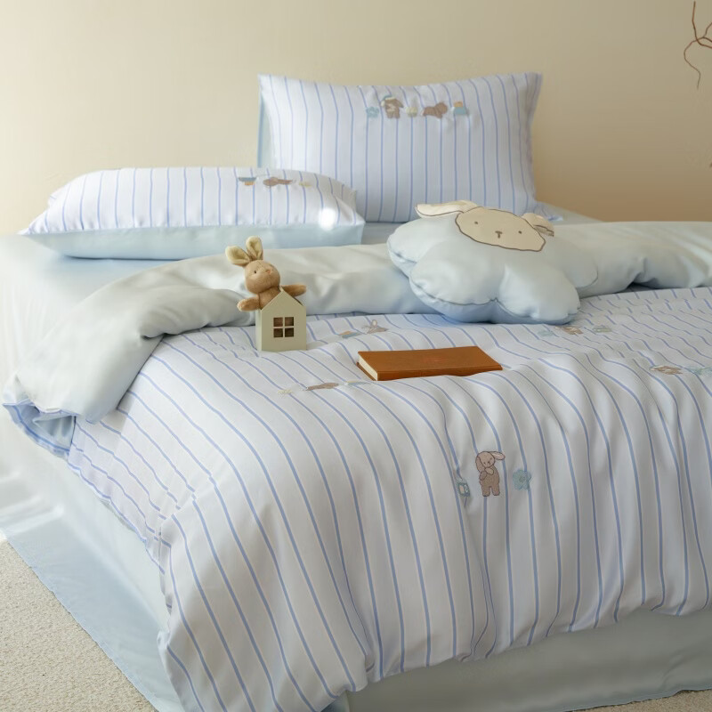 ROLAND LIVE小清新可爱风兰精天丝刺绣四件套凉感丝滑被套床单儿童三件套 JCZY 天丝套件-眠眠兔蓝 1.2米床 床单款 【被套150*200cm】