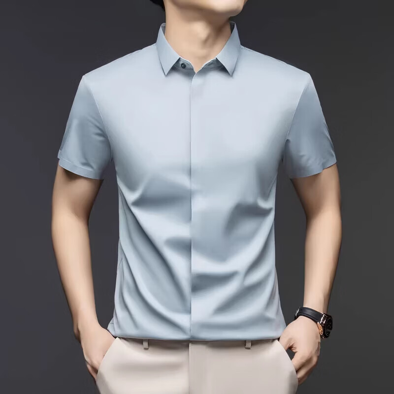 丨利郎丨桑蚕丝短袖衬衫男无痕免烫2026新款商务休闲衬衣 -浅蓝 4XL 190建议【185-200斤】