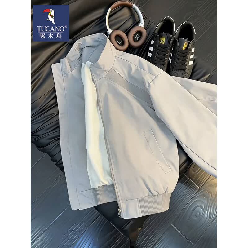 啄木鸟（TUCANO）美式拼接立领飞行灰色夹克男款春cleanfit棒球服痞帅正肩工装外套 浅灰色 XL （建议130-150斤）