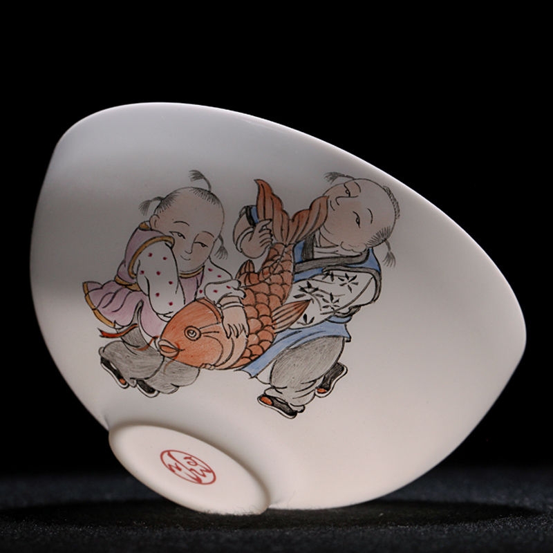 明皿手工德化白瓷茶杯景德手绘品茗杯玉瓷主人杯古彩青花/童鱼杯