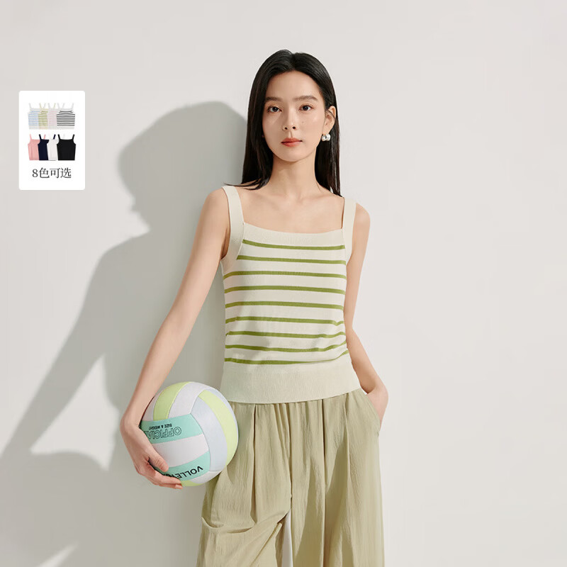 茵曼（INMAN）条纹方领针织吊带小背心2026夏季女装新款短款修身百搭上衣 白绿条纹 L