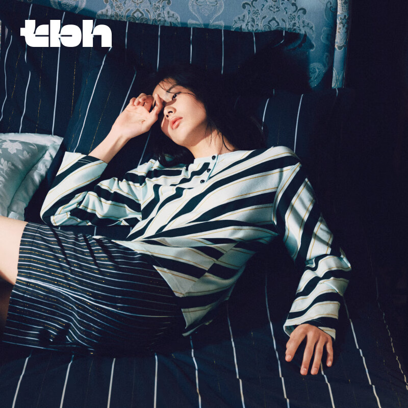 野兽派家居（tbh）都市野兽黑豹针织亨利领上衣家居服可外穿睡衣女 黑豹针织亨利领上衣 蓝黑条纹 XS