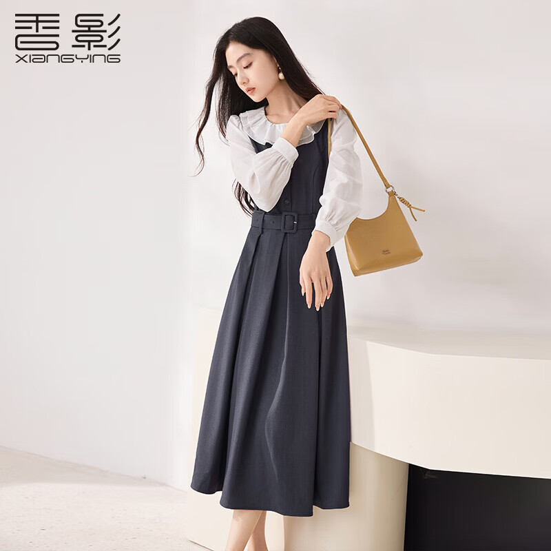 香影（xiangying）香影法式娃娃领收腰连衣裙女2025秋装新款灰色通勤假两件长袖裙子