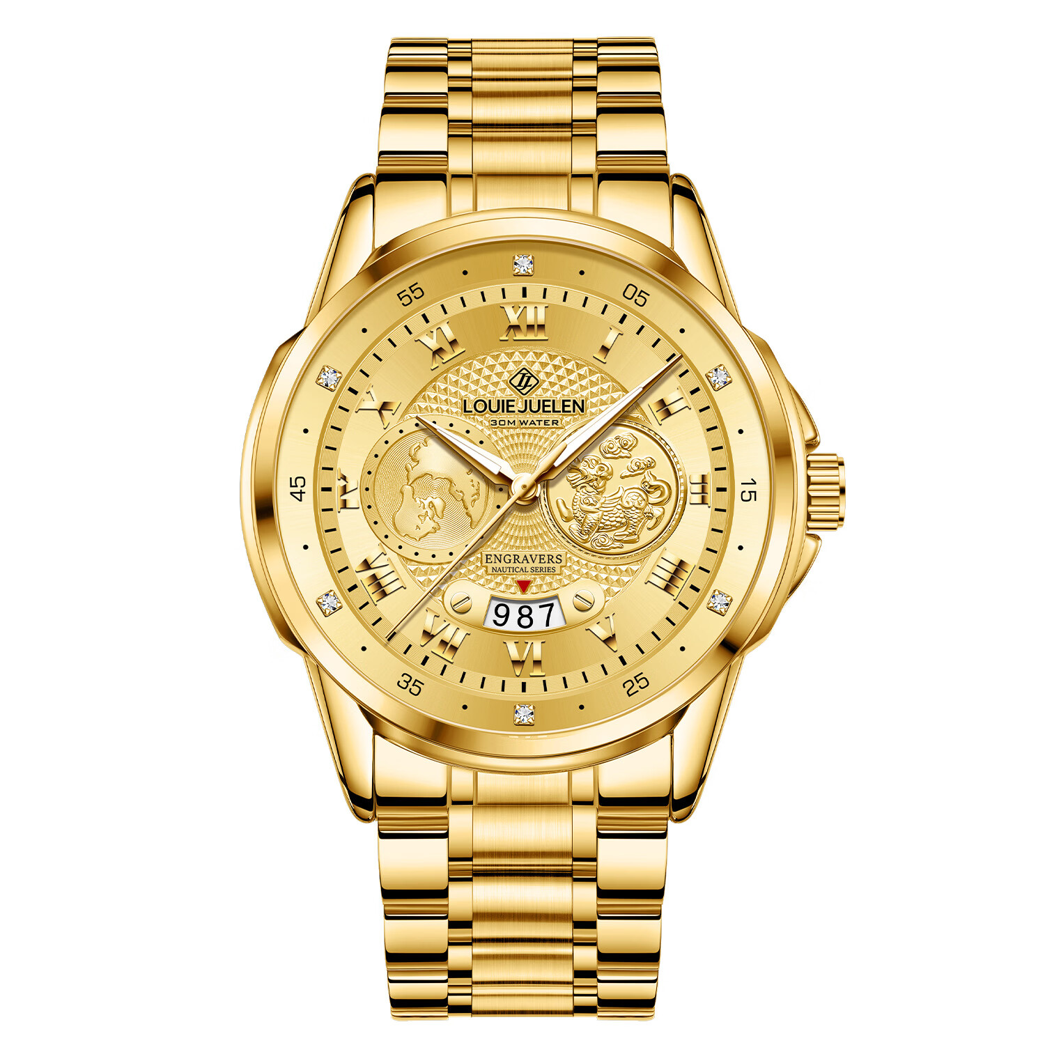 男士手表爵伦品牌石英腕表 L-9647金壳金面金钉钢带