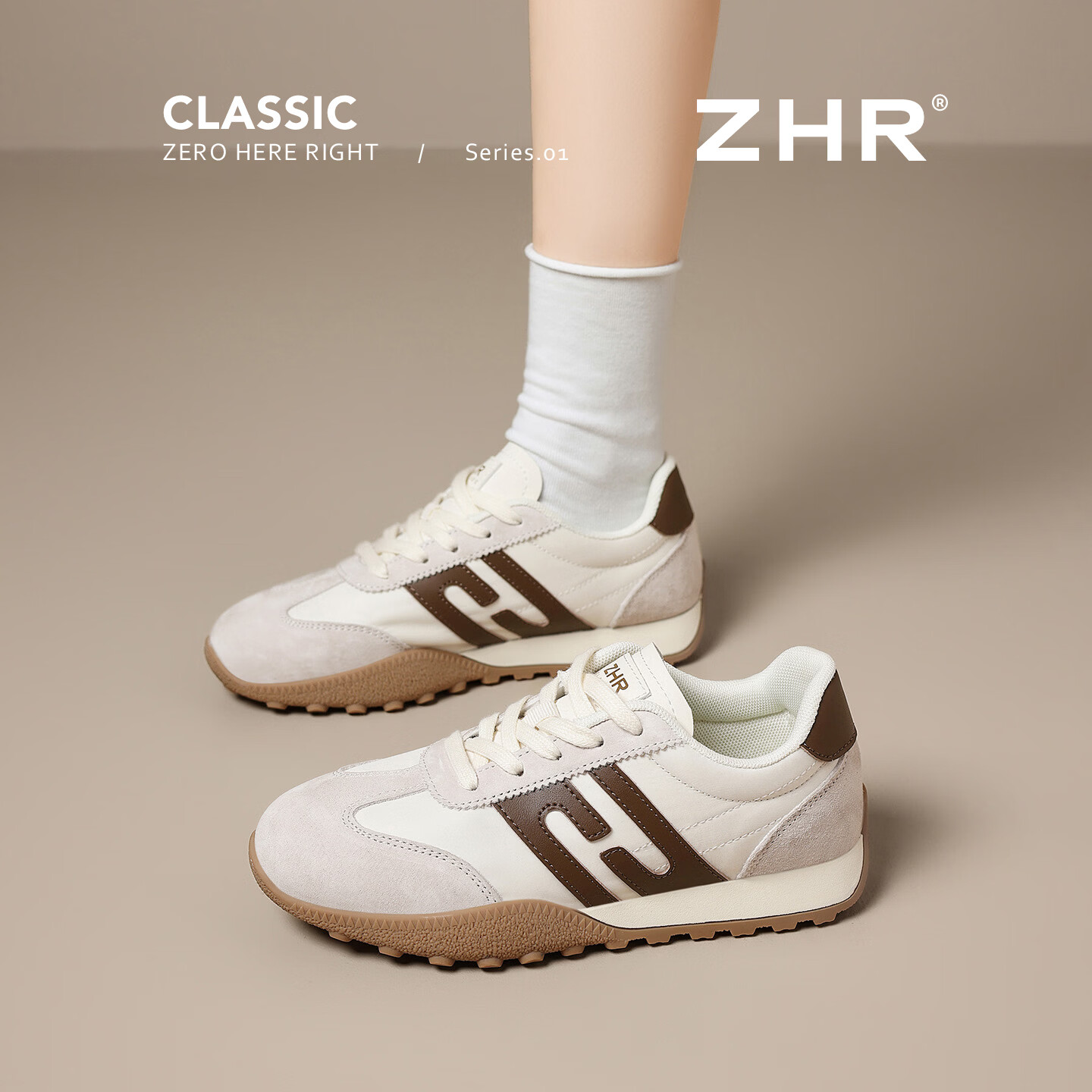 ZHR则则头层猪皮德训鞋女2026新款潮流轻便女鞋拼色软底运动鞋女 米杏 37