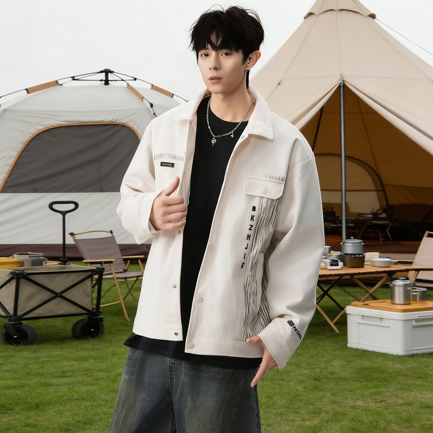 港诗伦美式工装外套男2026春季宽松夹克 米白色 常规 4XL (190)