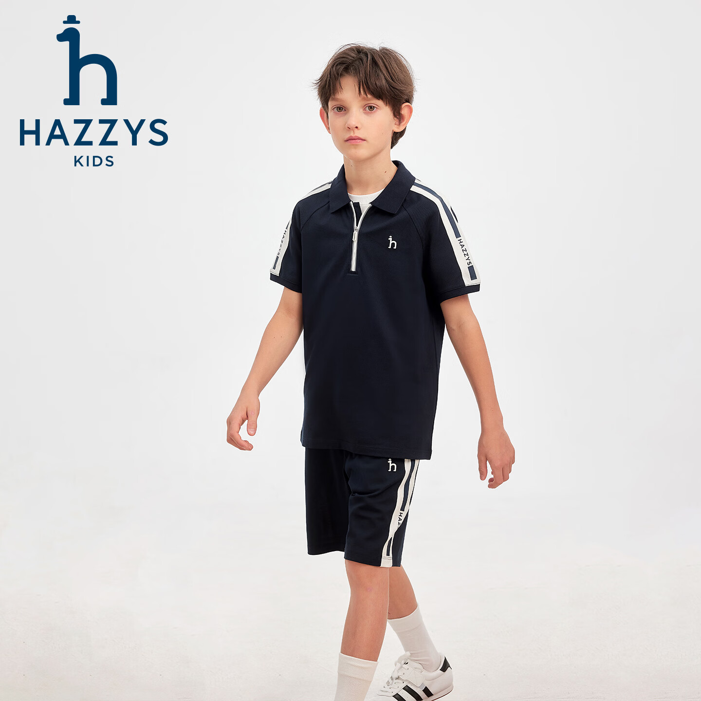 哈吉斯(HAZZYS)童装男童套装2026夏季新品大童运动polo短袖T恤宽松透气短裤 藏蓝 160
