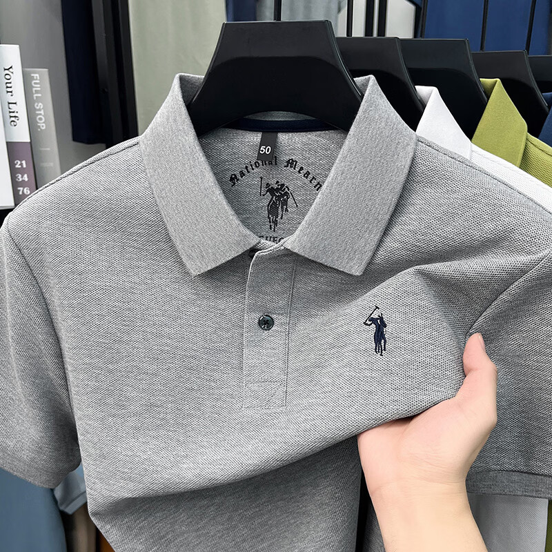 尺度保罗100%纯棉短袖T恤男士夏季薄款透气绣花商务休闲宽松大码POLO衫男 IG83318花灰 L 推荐120-135斤 京东折扣/优惠券