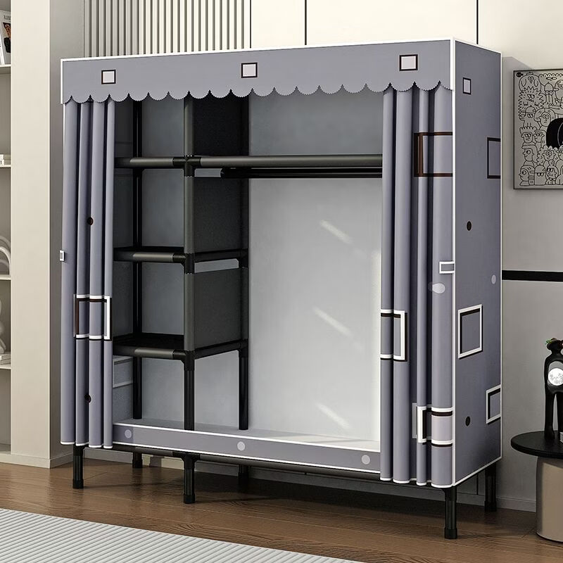 简易衣柜家用卧室组装全钢架加粗加厚布衣柜结实耐用出租房收纳橱 长度84灰色