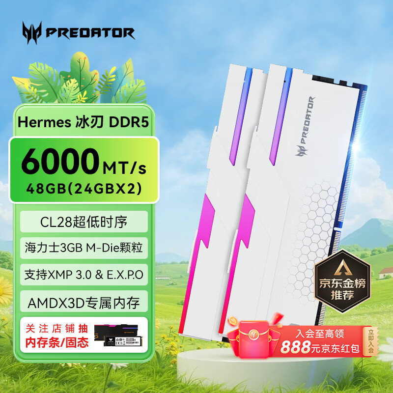 宏碁掠夺者（PREDATOR）48G(24G×2)套装 DDR5 6000频率 台式机内存条 Hermes冰刃系列 RGB灯条(C28) 白色 AI电脑配件