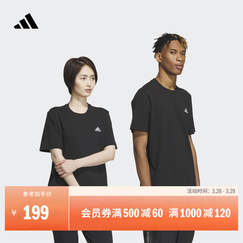 adidas情侣休闲纯棉上衣圆领短袖T恤男女夏季阿迪达斯官方轻运动 黑色   L  