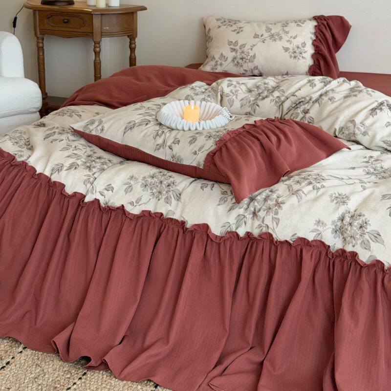 ROLAND LIVE法式复古文艺风棉麻四件套花边被套床裙款少女心透气亲肤床上用品 WL 棉麻四件套-午后蔷薇 1.5米床 床裙款 【被套200*230cm】