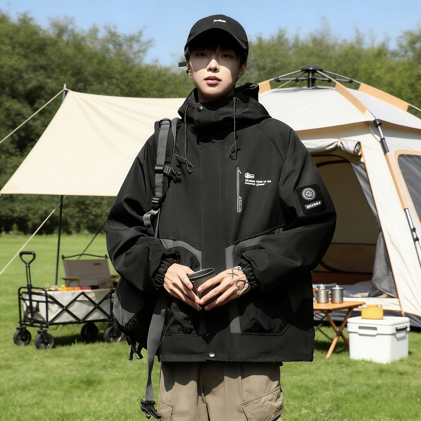 港诗伦户外冲锋衣外套男2026春装宽松百搭连帽运动休闲夹克外套上衣男装 黑色 常规 XL (175)