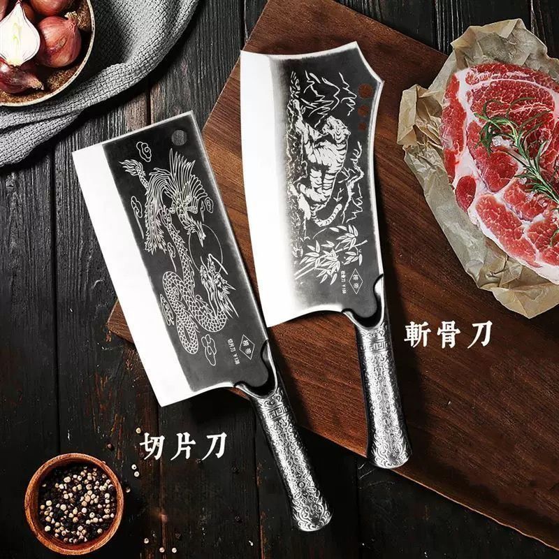 新品炮弹钢砍切刀全钢骨一体刀龙泉菜刀套装厨房家用厨师用刀磨刀 【黑面龙纹】切片刀