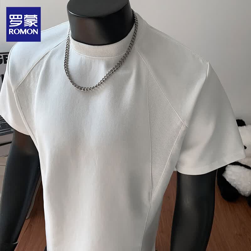 罗蒙美式重磅正肩短袖t恤男夏季新款弹力修身圆领体恤打底衫上衣服男 HT26168浅灰色 XL 约130-150斤