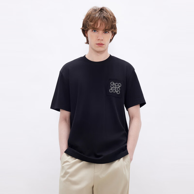 gxgjeans男装 凉感多色立体绣花通勤简约圆领短袖T恤 26夏新品 黑色 S (165)