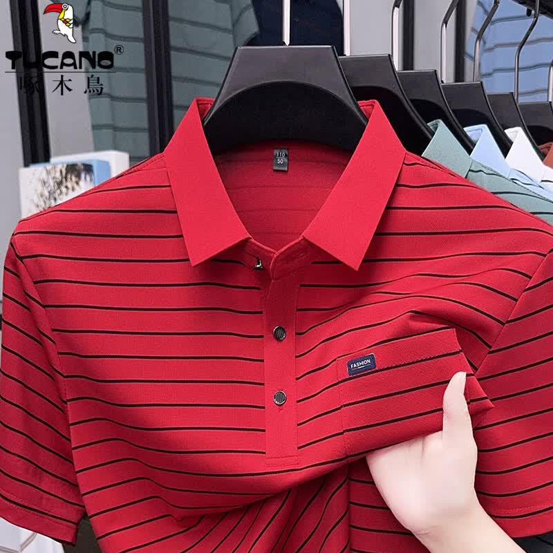 啄木鸟（TUCANO）冰丝短袖t恤男翻领条纹polo衫2026夏季真口袋凉感透气爸爸装半袖 桔色 4XL (190) 建议180-200斤