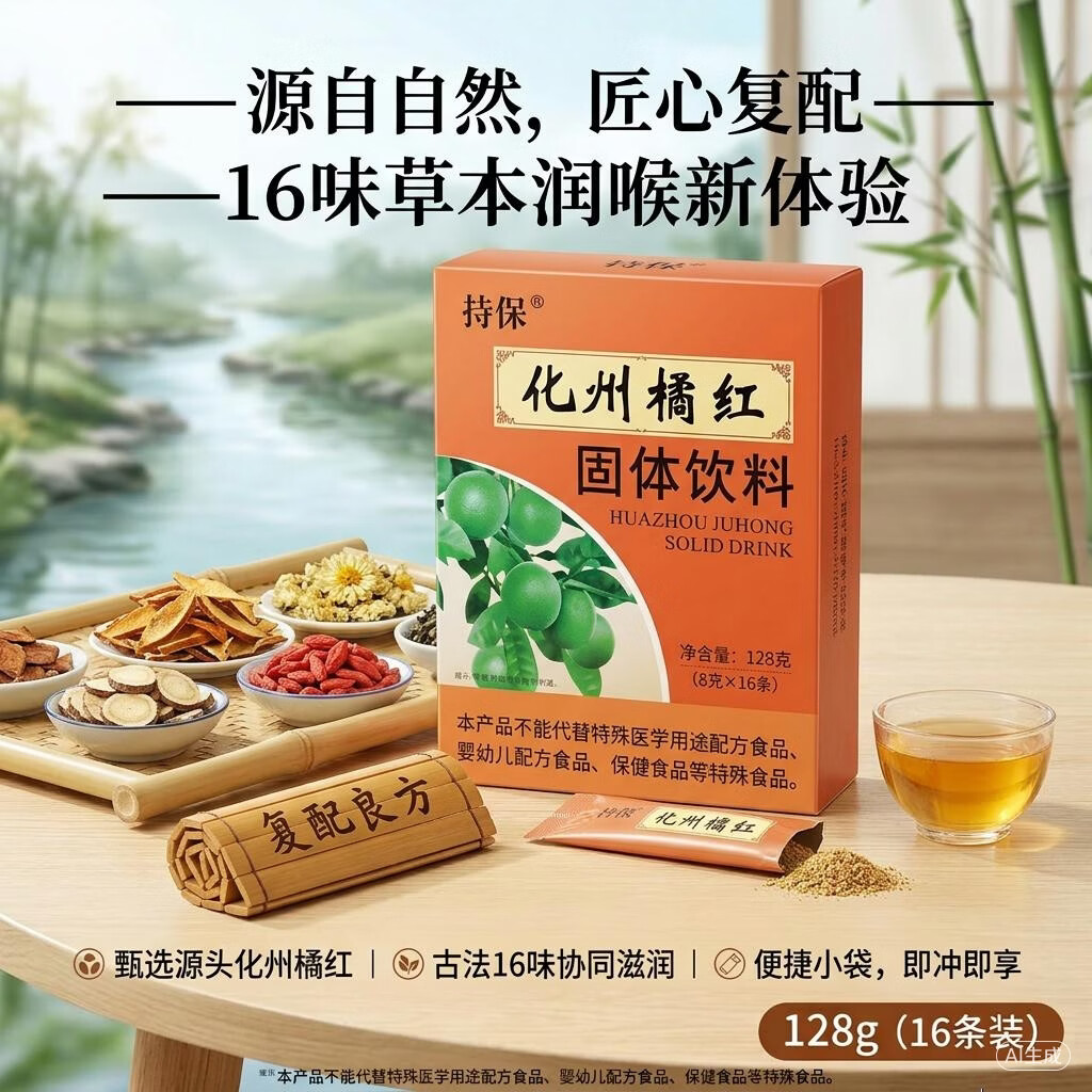 持保化州橘红固体饮料 8g*16条/盒 化桔红 橘红茶 正宗化州橘红冲剂 128g*5盒