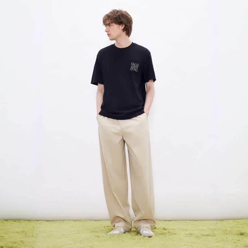 gxgjeans男装 凉感多色立体绣花通勤简约圆领短袖T恤 26夏新品 黑色 S (165)
