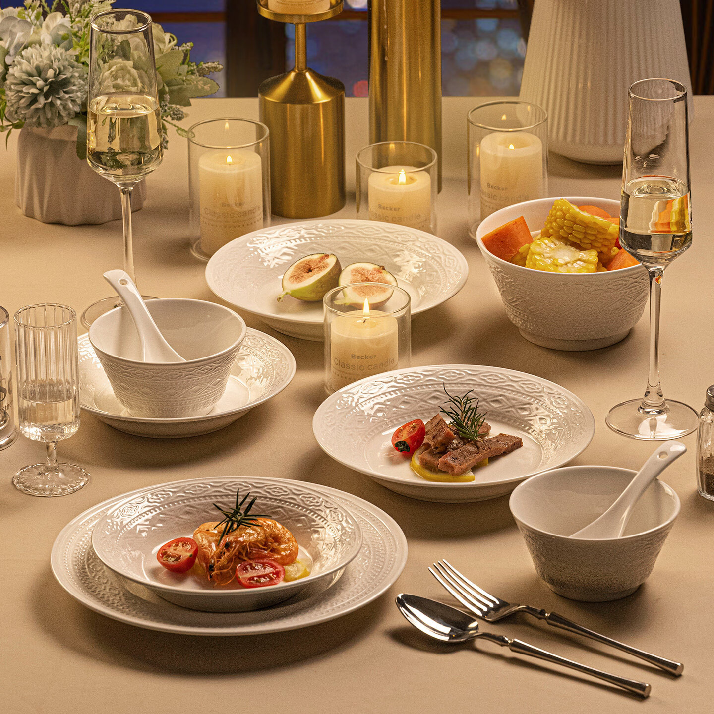 咏幻碗碟套装家用陶瓷餐具景德镇简约碗具釉下彩纯白碗盘碗筷盘子乔迁 美满吉祥6人食32件套[汤碗配置][礼盒包装]