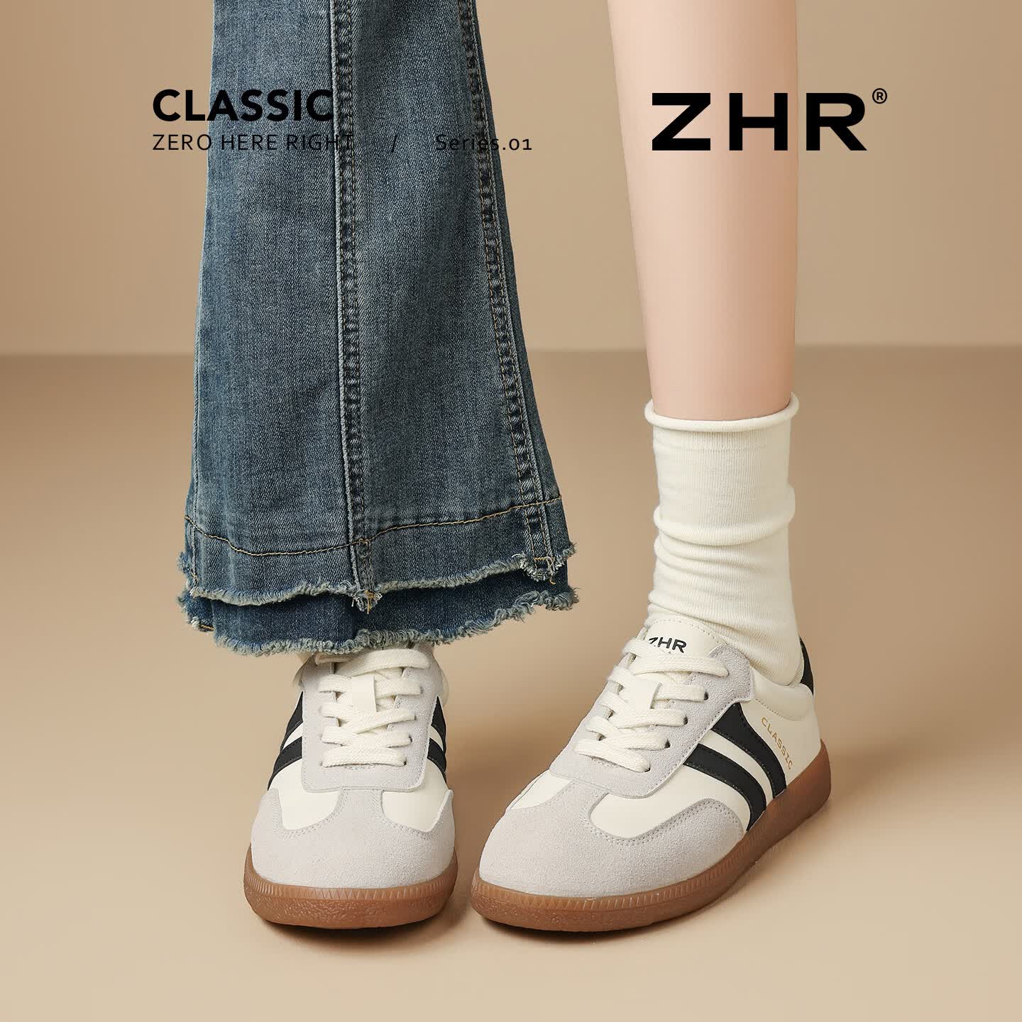 ZHR则则德训女鞋新款时尚百搭鞋子女轻便透气不累脚运动板鞋女 米黑 38