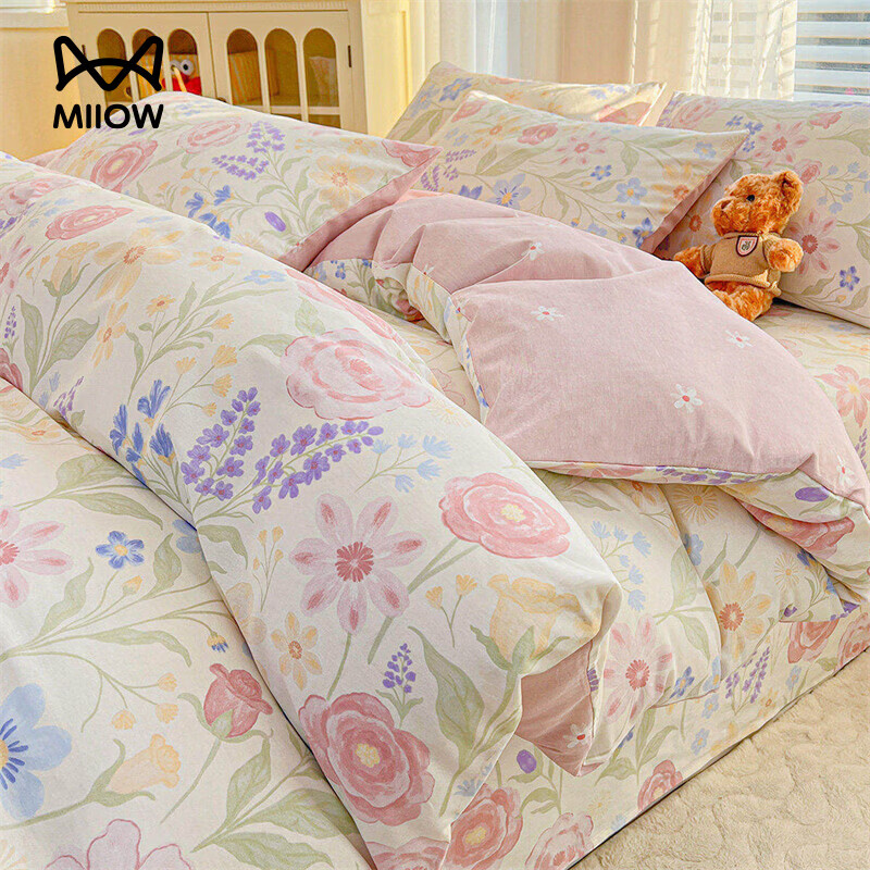 猫人（MiiOW）纯棉床上用品四件套100全棉学生宿舍床单被套三件套 花漾甜心 1.5/1.8m 床单款 四件套-被套2x2.3m