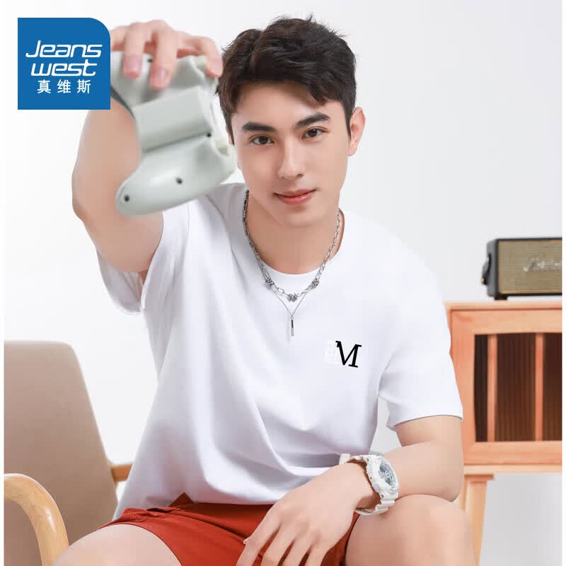 真维斯男装2夏季款美式潮流百搭字母多图印花纯棉短袖T恤上衣潮NXP 173BS5白色2100 XL 180/100A