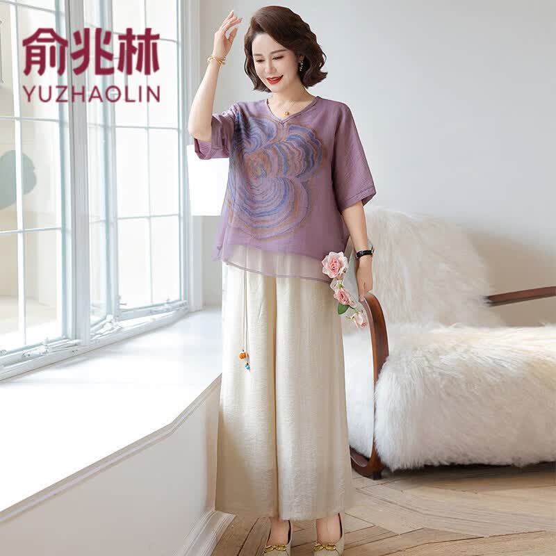 俞兆林（YUZHAOLIN）妈妈夏装套装新款洋派苎麻短袖小衫中老年女装时尚宽松两件套衣服 紫色套装 2XL 建议[110-120斤]