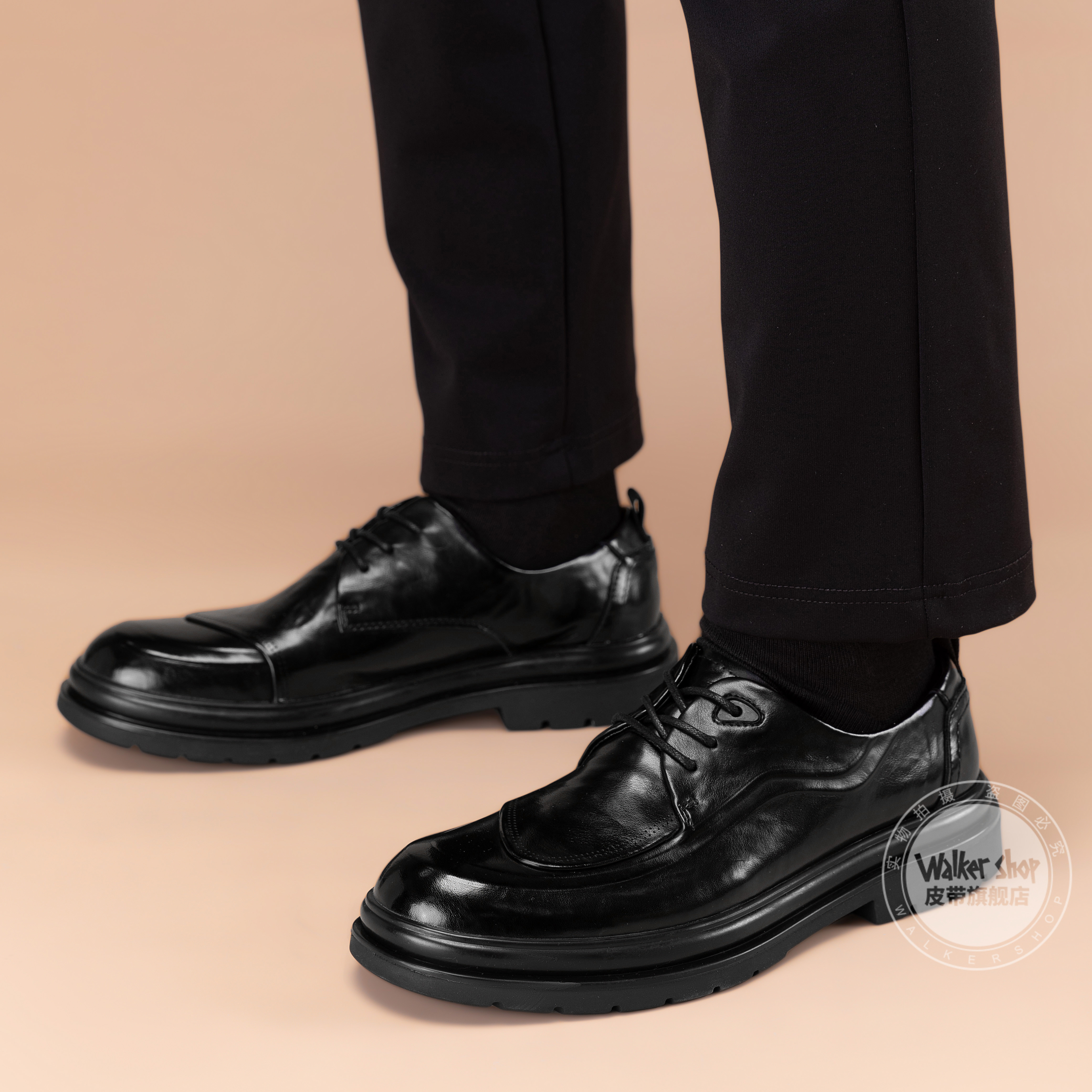 Walker Shop皮鞋男高端商务正装男士皮鞋2026新款休闲真皮透气软底内增高男鞋 黑色【内增高】 40