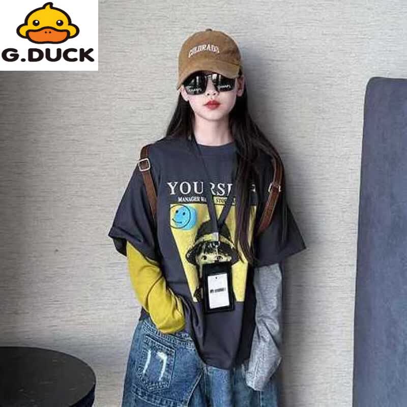G.duck女童棉长袖假两件t恤套装26新款中大童洋气时髦牛仔阔腿裤两件套 浅杏色棉假两件T恤+蓝色破洞牛仔裤【套装】 120