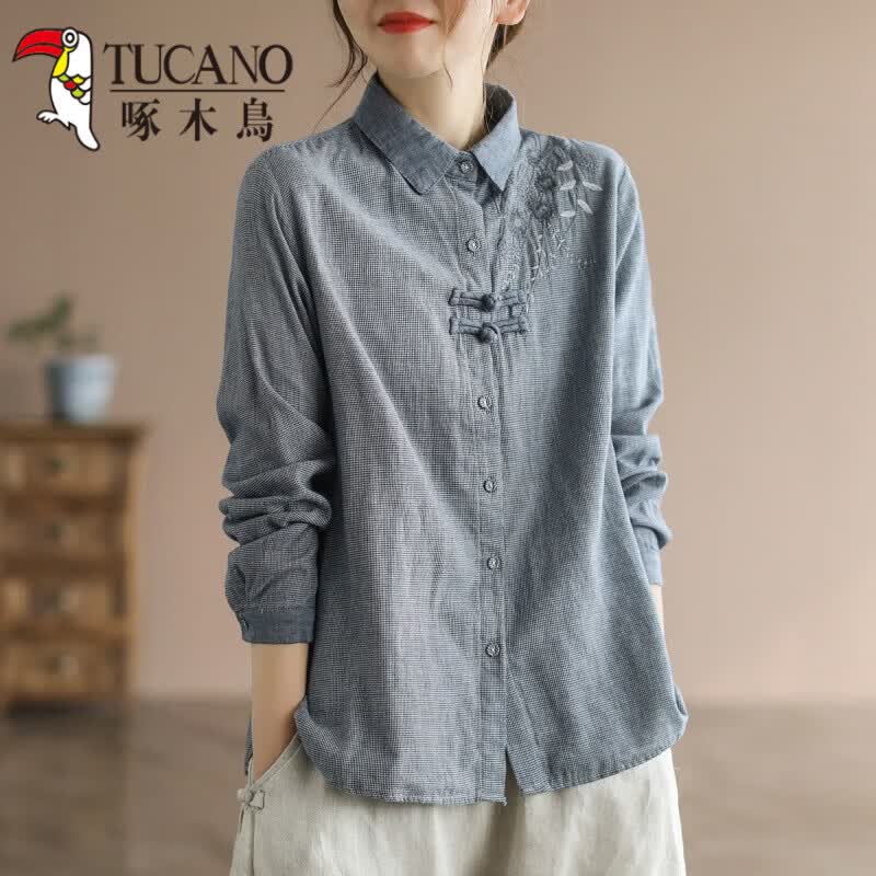 啄木鸟（TUCANO）文艺复古千鸟格棉麻衬衫女2026春季款民族风刺绣中国风盘扣上衣女 蓝色 2XL 建议130-145斤 京东折扣/优惠券