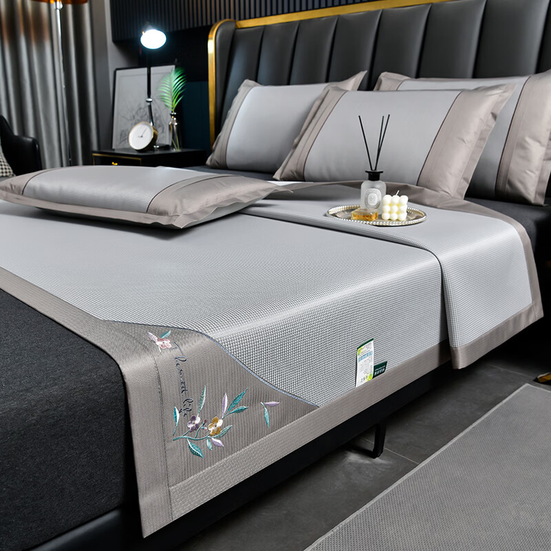 恒源祥冰丝凉席 A类冰丝凉感透气夏季可机洗折叠学生宿舍居家席子套件 【A类加厚】灰色 90*195cm【床席款两件套】