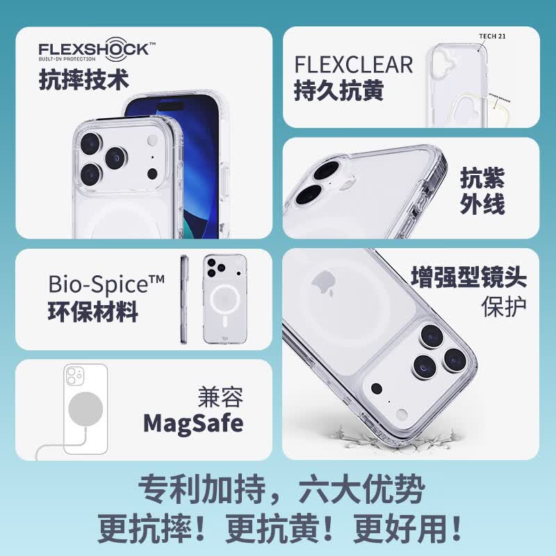 TECH21苹果专用手机壳软壳磁吸透明手机壳贴膜镜头膜三件套装17promax/17pro手机保护套防窥高清贴膜 透明手机壳贴膜镜头膜三件套（高清膜） 苹果17ProMax