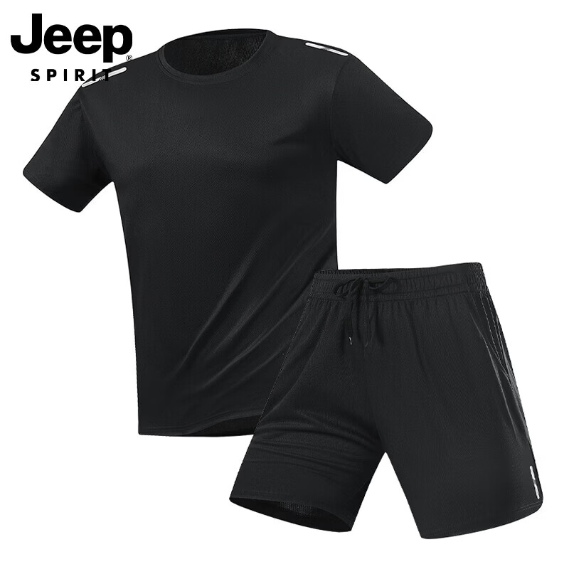 JEEP SPIRIT吉普男士冰丝速干套装夏季圆领t恤运动宽松短袖短裤两件短装 黑色套装 2XL